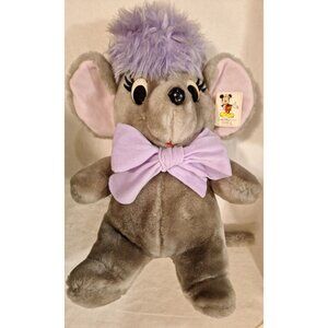 80s Disney Bianca Gray Plush Mouse Stuffed Purple Bow 16" Vintage Made in Korea